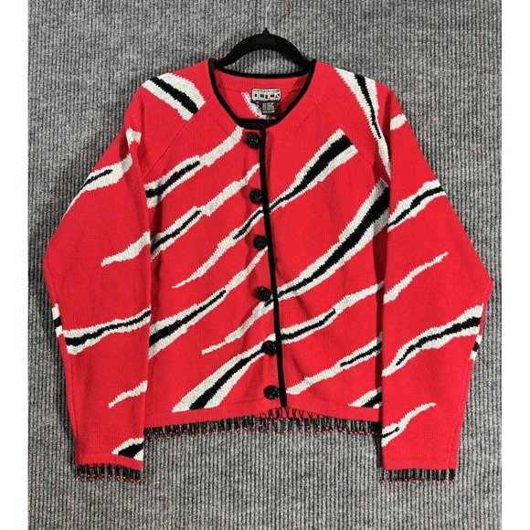 Sweaters - VTG Berek Beaded Fringe Cardigan Sweater XL -Red Black Gray Zebra Stripe NOS NWT